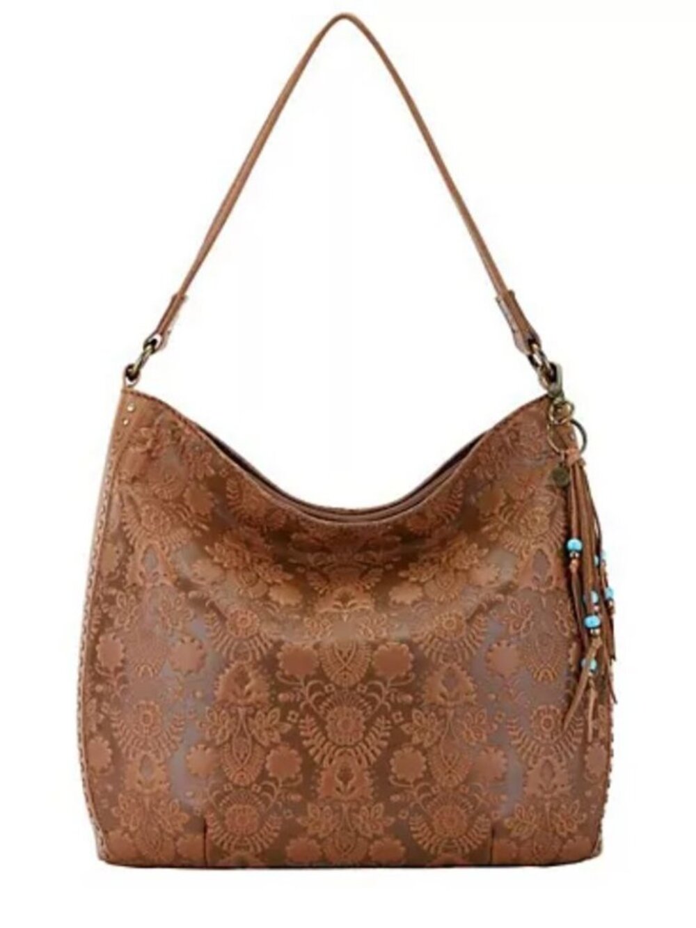 The Sak Leather Hobo Indio Floral Tooled Slouchy Tan Shoulder Bag Tassel Charm